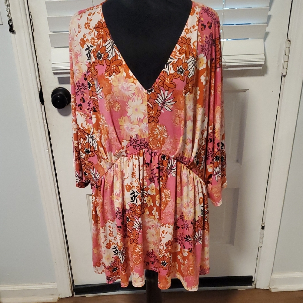 Dear Scarlett Floral V-Neck Blouse Pink and Orange